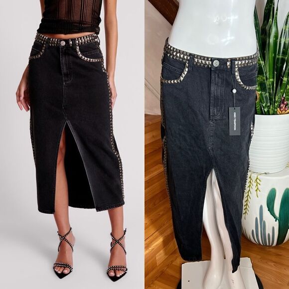 One Teaspoon BLACK OAK STUDDED ROCKO LONG LENGTH DENIM SKIRT/ size 27 - Picture 1 of 8